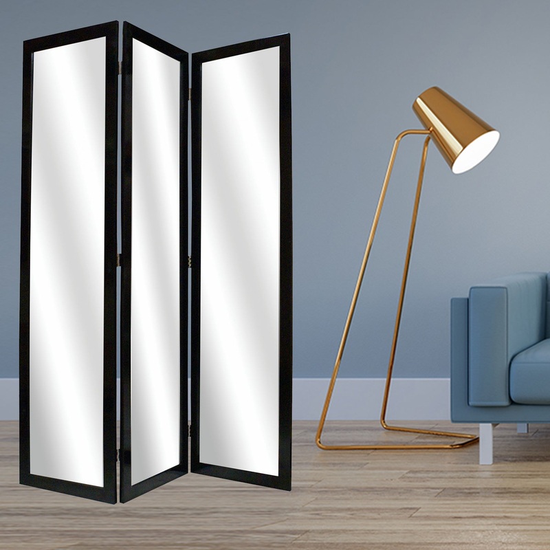 Black Glass & Wood Mirror Screen By Homeroots - 274678