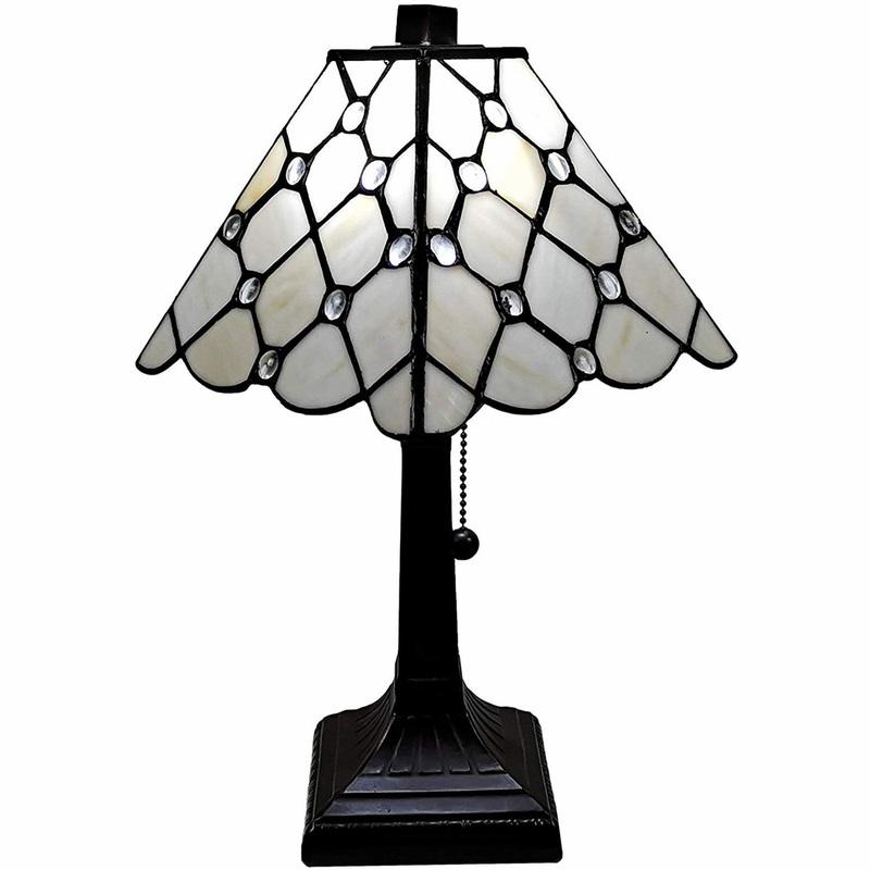 15" Tiffany Style White Stained Glass with Crystals Table Lamp By Homeroots