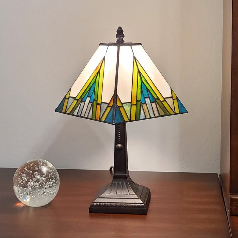 15" Tiffany White Yellow and Blue Mission Style Table Lamp By Homeroots