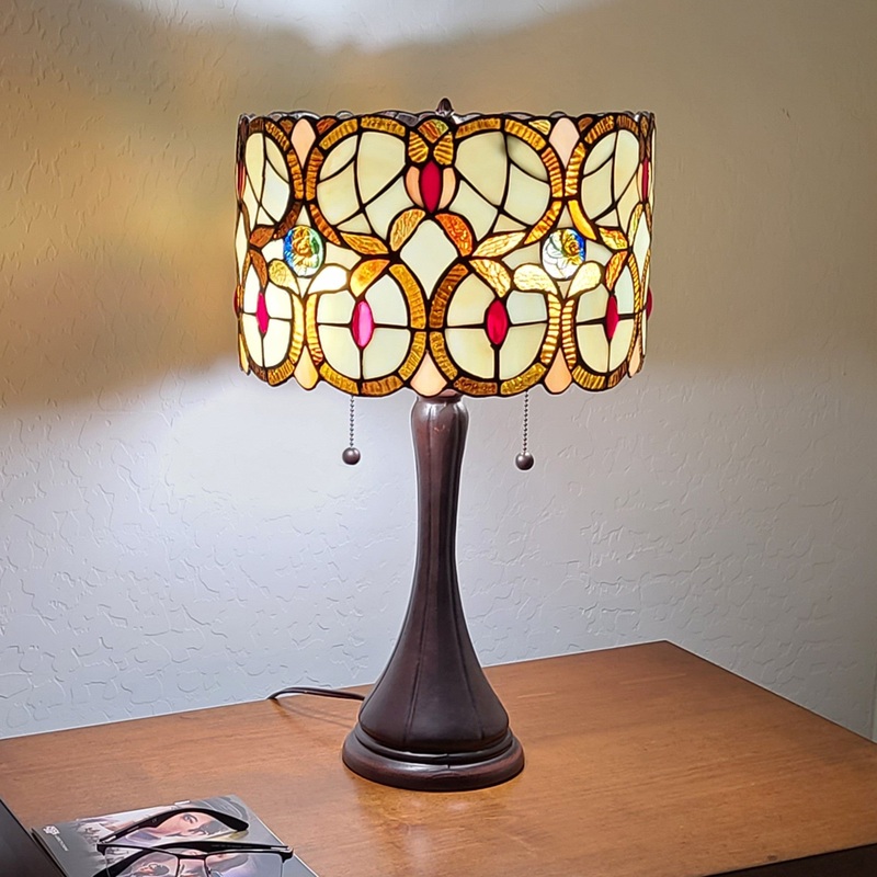 21" Stained Glass Two Light Floral Drum Table Lamp By Homeroots