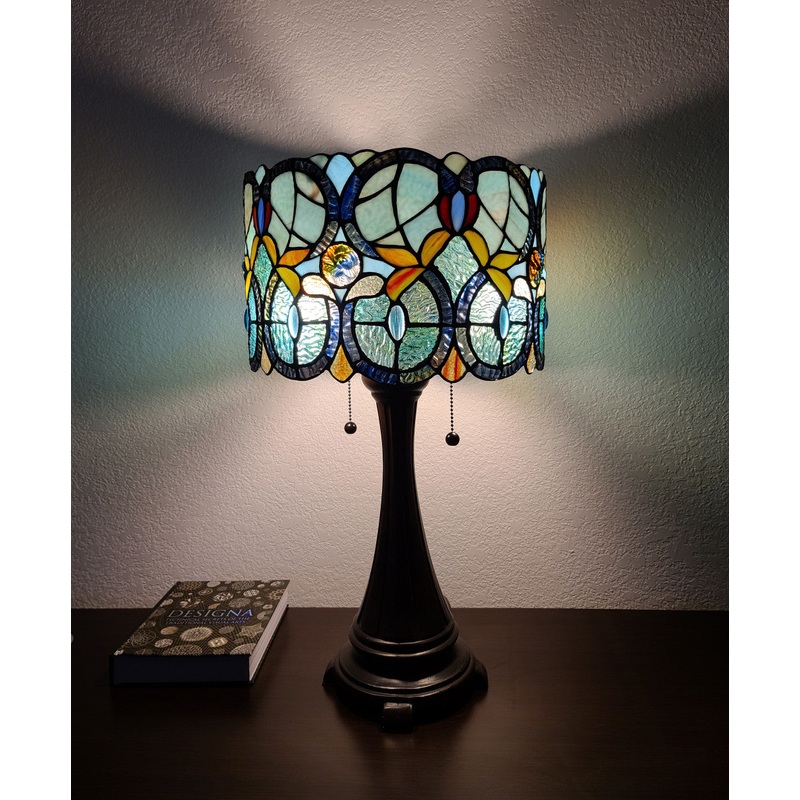 21" Stained Glass Two Light Jeweled Floral Drum Table Lamp By Homeroots