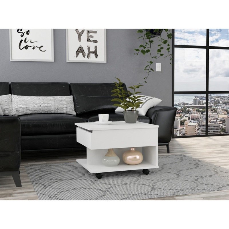 22" White Manufactured Wood Rectangular Lift Top Coffee Table With Drawer By Homeroots