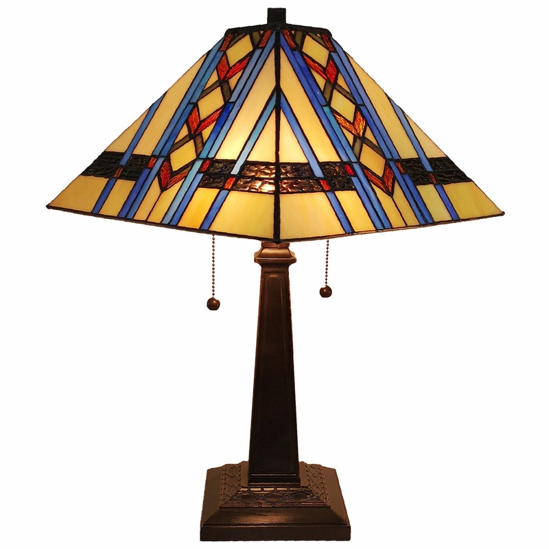 23" Amber Brown and Blue Stained Glass Two Light Mission Style Table Lamp By Homeroots