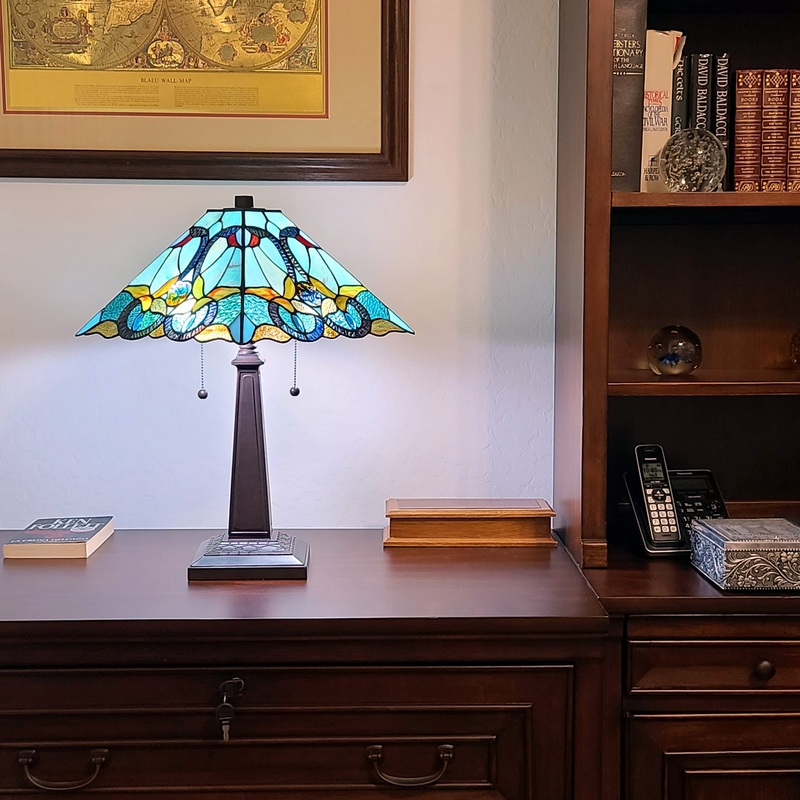 23" Aqua Blues and Amber Abstract Stained Glass Two Light Mission Style Table Lamp By Homeroots