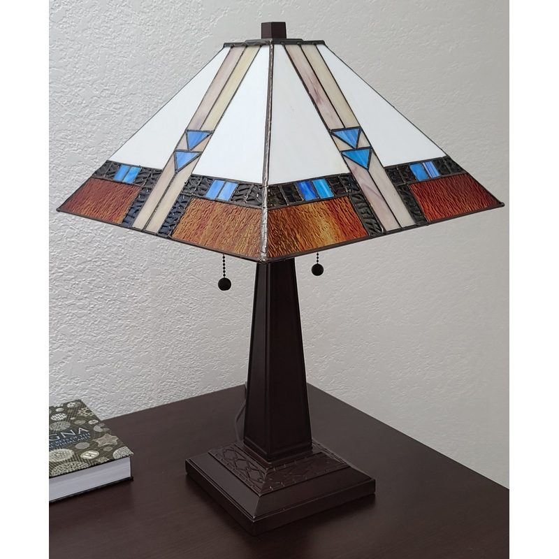 23" Cream Amber and Teal Arrow Stained Glass Two Light Mission Style Table Lamp By Homeroots