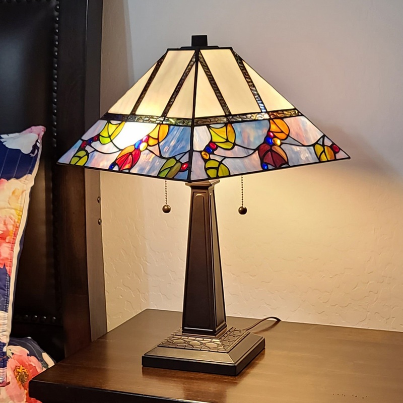 23" Cream and Blue Stained Glass Two Light Mission Style Table Lamp By Homeroots