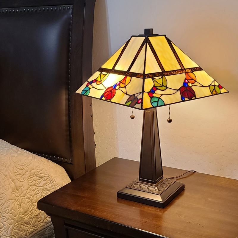 23" Cream and Jewel Stained Glass Two Light Mission Style Table Lamp By Homeroots
