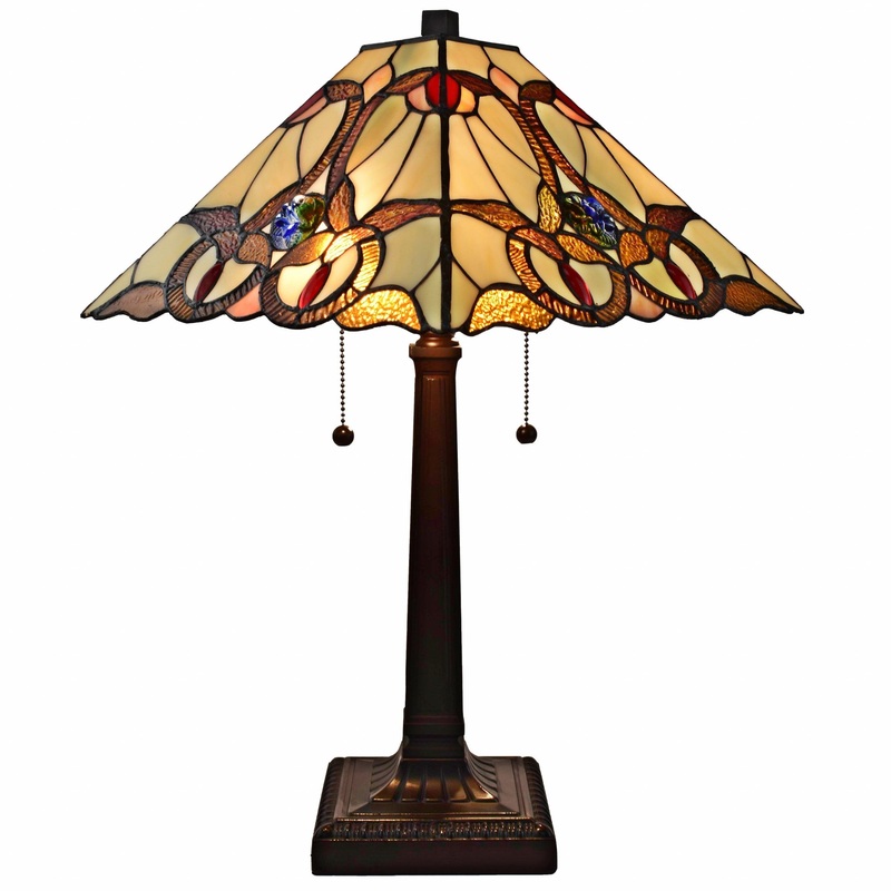 23" Cream Red and Blue Stained Glass Handcrafted Jeweled Two Light Mission Style Table Lamp By Homeroots