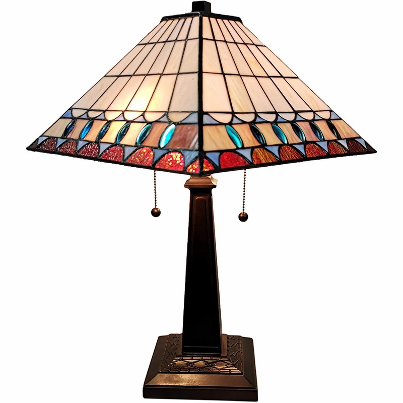 23" White Amber and Teal Stained Glass Two Light Mission Style Table Lamp By Homeroots