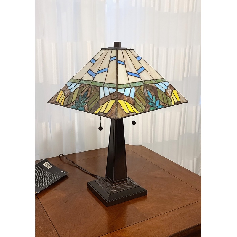 23" White and Aqua Stained Glass Two Light Mission Style Table Lamp By Homeroots