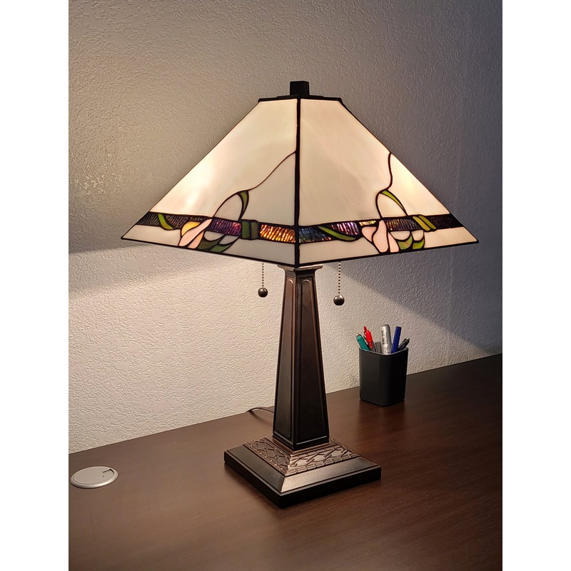 23" White Stained Glass Floral Two Light Mission Style Table Lamp By Homeroots