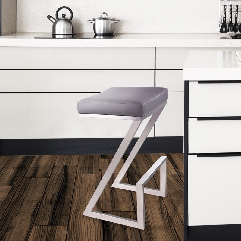 26" Contempo Grey Faux Leather and Stainless Backless Bar Stool By Homeroots