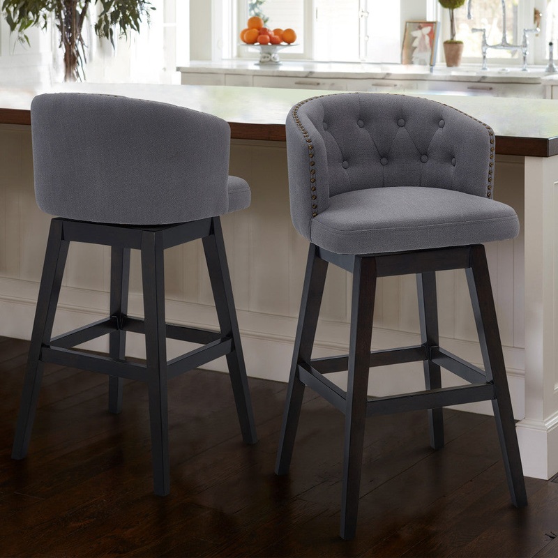 26" Grey Tufted Fabric and Dark Espresso Wood Swivel Bar Stool By Homeroots