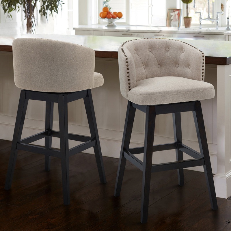 26" Tan Tufted Fabric and Dark Espresso Wood Swivel Bar Stool By Homeroots