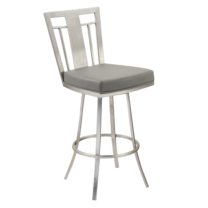 26" Transitional Grey Faux Leather Stainless Steel Swivel Bar Stool By Homeroots