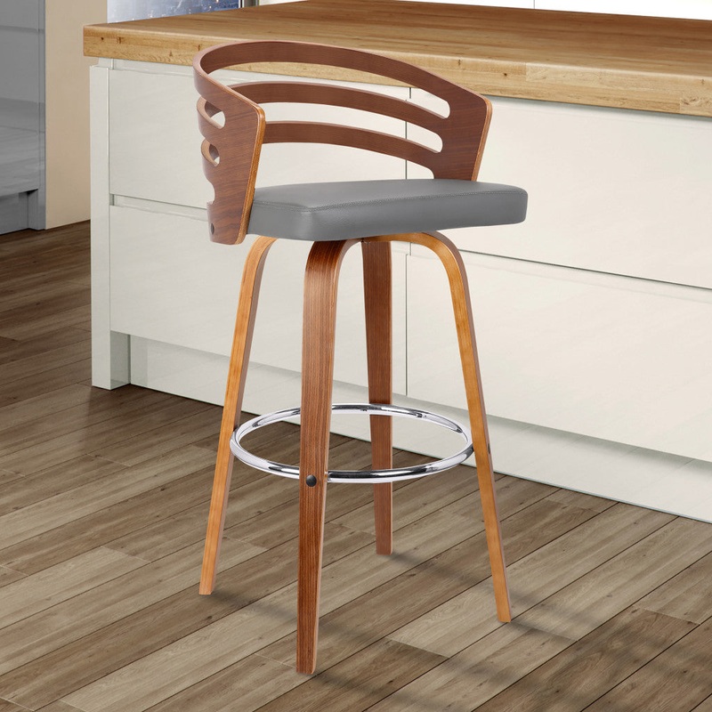 30 Gray Modern Faux Leather & Walnut Wood Swivel Bar Stool By Homeroots