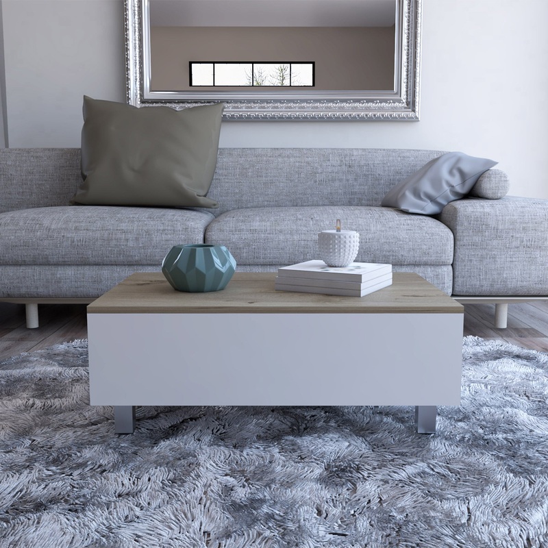 32" White And Light Oak Manufactured Wood Rectangular Lift Top Coffee Table With Drawer And Shelf By Homeroots