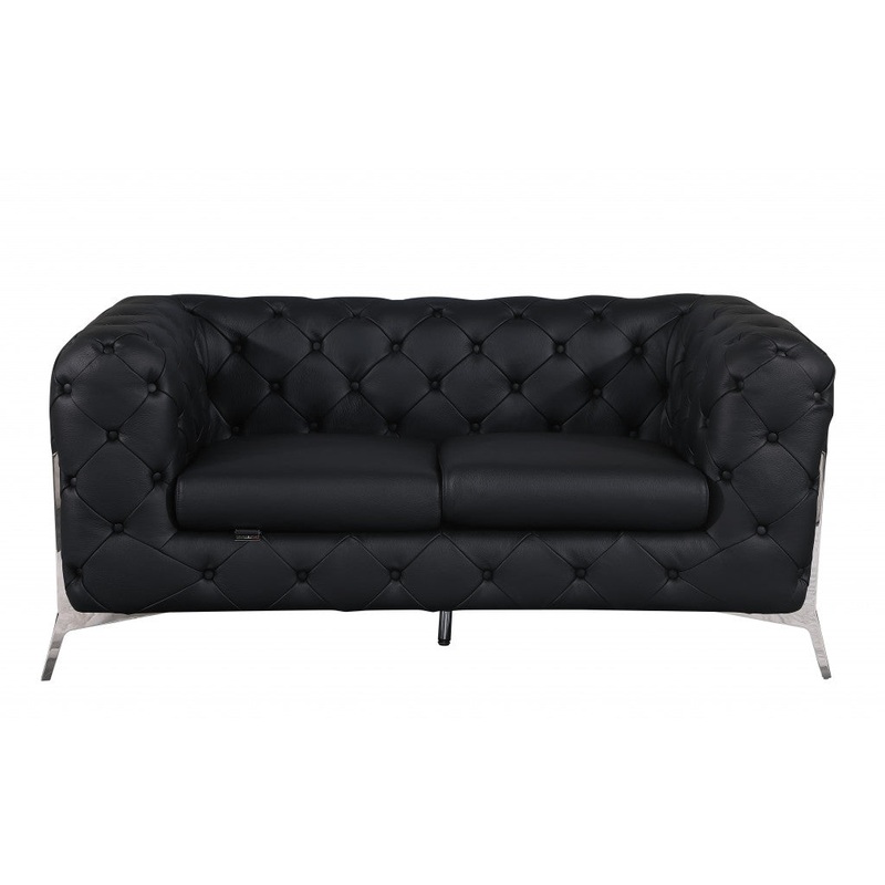 69" Black Tufted Italian Leather and Chrome Love Seat By Homeroots