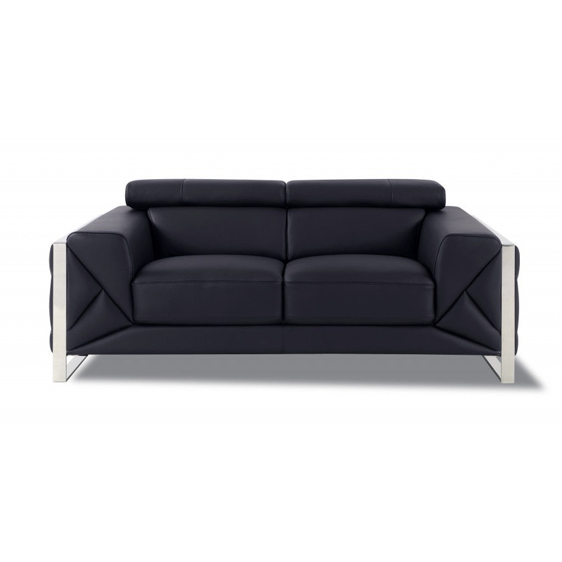 75" Black Italian Leather and Chrome Solid Color Love Seat By Homeroots