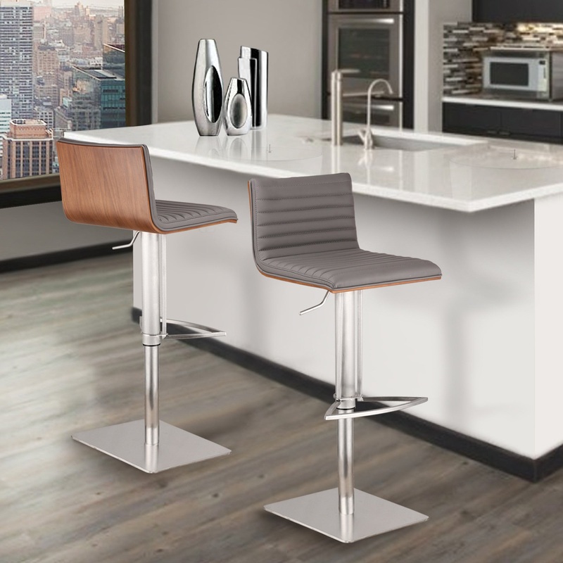 Grey Faux Leather Armless Swivel Bar Stool with Brushed Stainless Steel Base By Homeroots