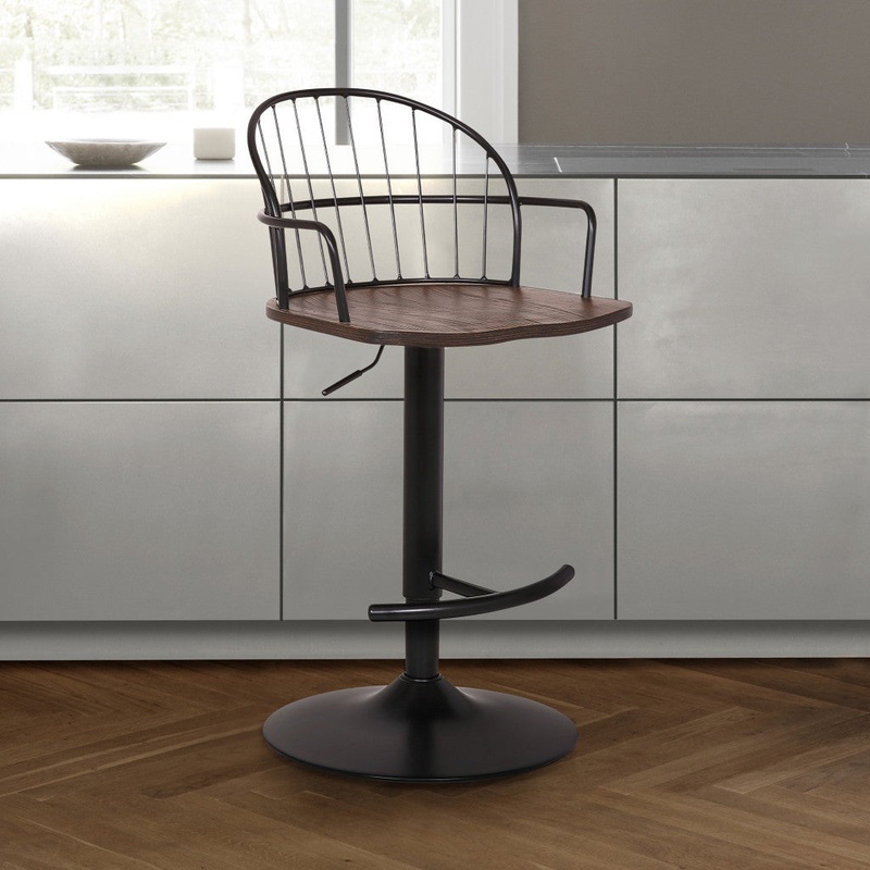 Walnut Wood and Metal Adjustable Curve Back Bar Stool By Homeroots