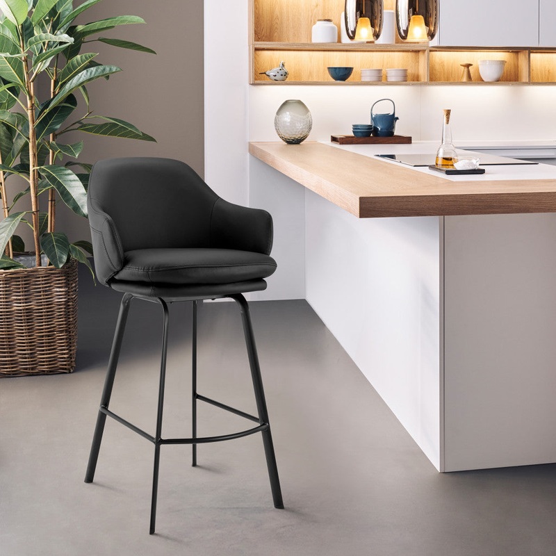 26" Black Faux Leather and Black Metal Swivel Counter Stool By Homeroots