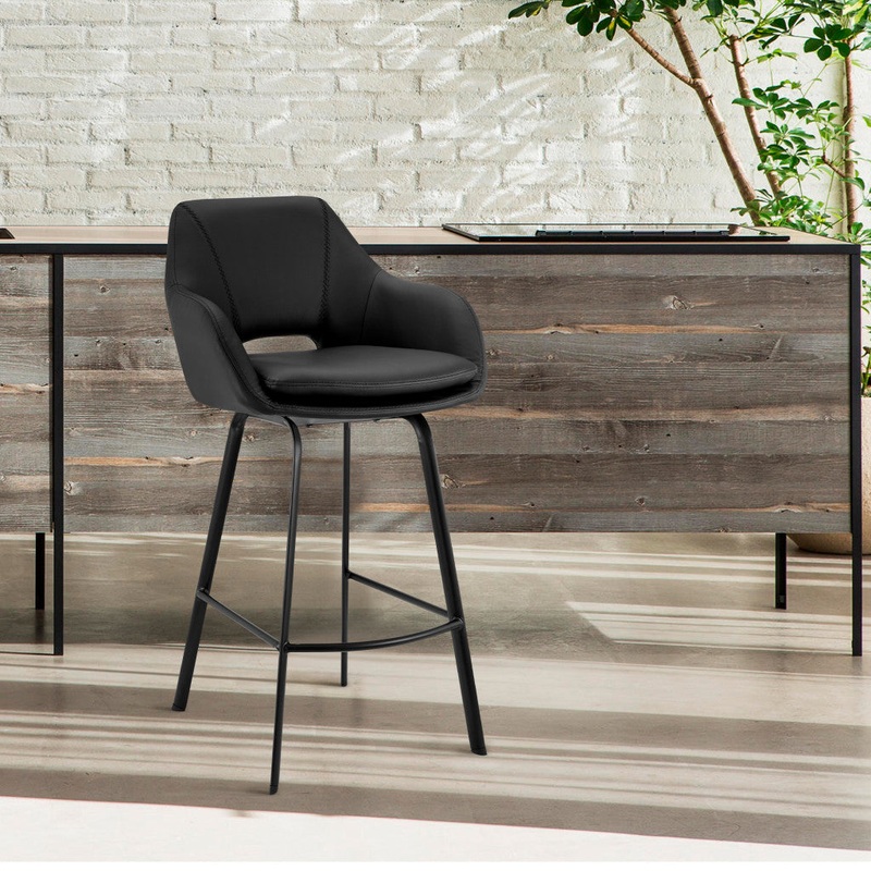 26" Black on Black Faux Leather Comfy Swivel Counter Stool By Homeroots