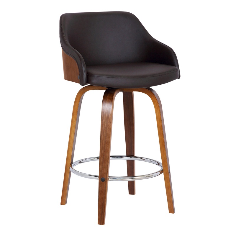 26" Brown Swivel Faux Leather Walnut Wooden Bar Stool By Homeroots