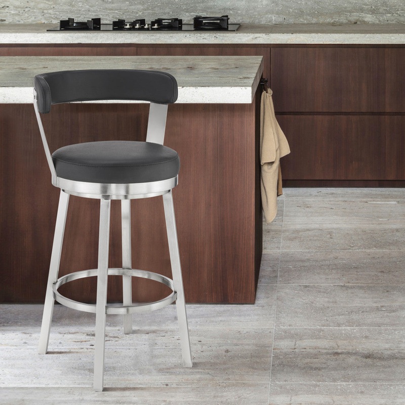 26" Chic Black Faux Leather with Stainless Steel Finish Swivel Bar Stool By Homeroots
