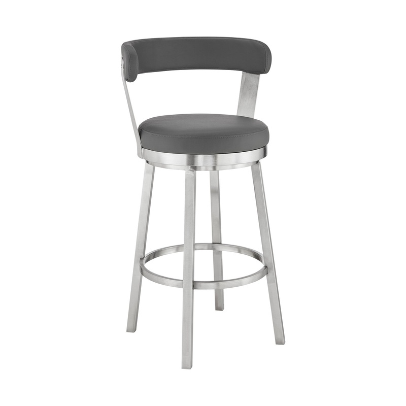 26" Chic Grey Faux Leather with Stainless Steel Finish Swivel Bar Stool By Homeroots