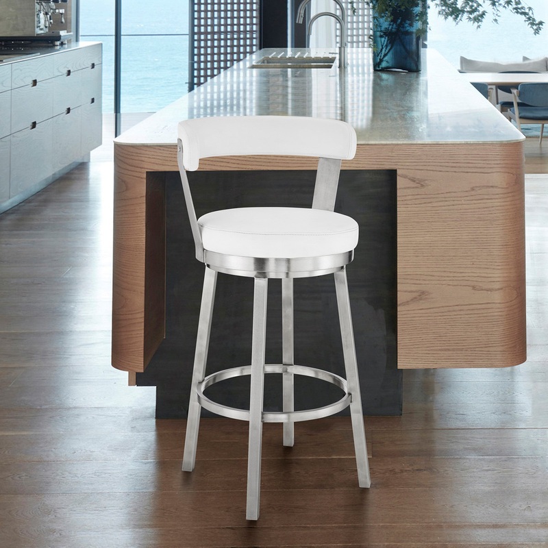 26" Chic White Faux Leather with Stainless Steel Finish Swivel Bar Stool By Homeroots