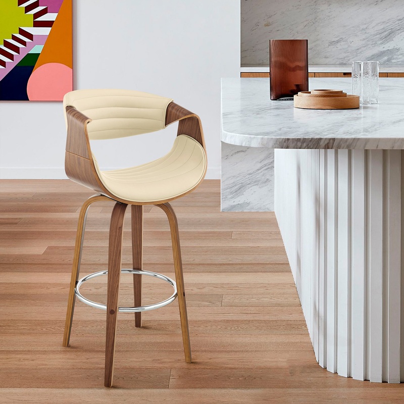 26" Cream Faux Leather and Walnut Wood Retro Chic Swivel Counter Stool By Homeroots