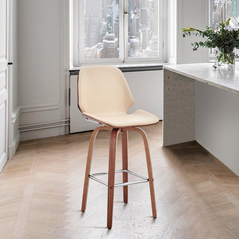 26" Cream Faux Leather Swivel Seat Wooden Bar Stool By Homeroots
