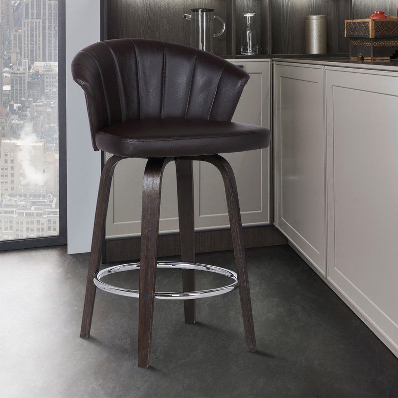26" Dark Brown Faux Leather and Rustic Wood Back Swivel Bar Stool By Homeroots