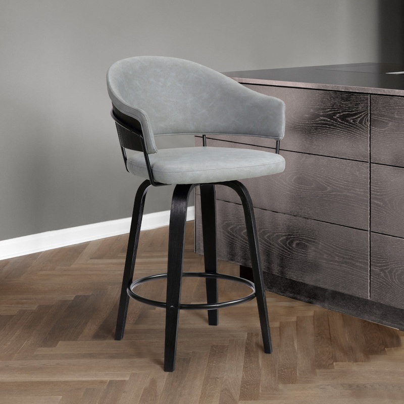 26" Dark Grey Faux Leather Black Wood Swivel Bar Stool By Homeroots