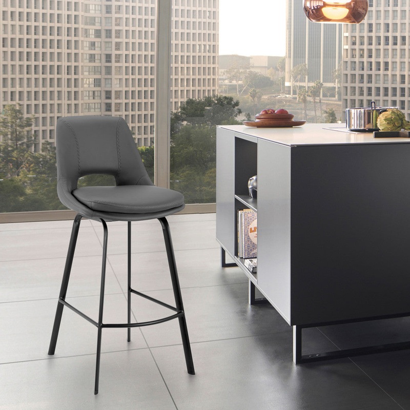 26" Elegant Grey Faux Leather and Black Metal Armless Swivel Counter Stool By Homeroots