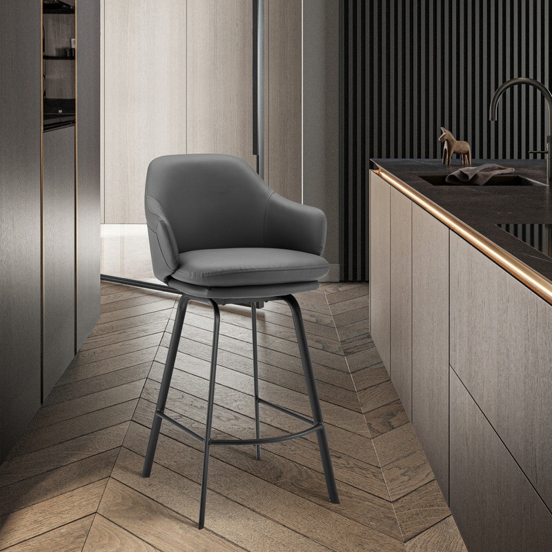 26" Grey Faux Leather and Black Metal Swivel Counter Stool By Homeroots
