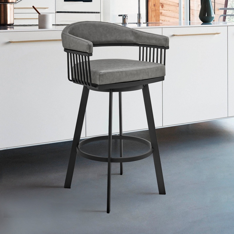 26" Mod Grey Faux Leather Black Finish Swivel Bar Stool By Homeroots