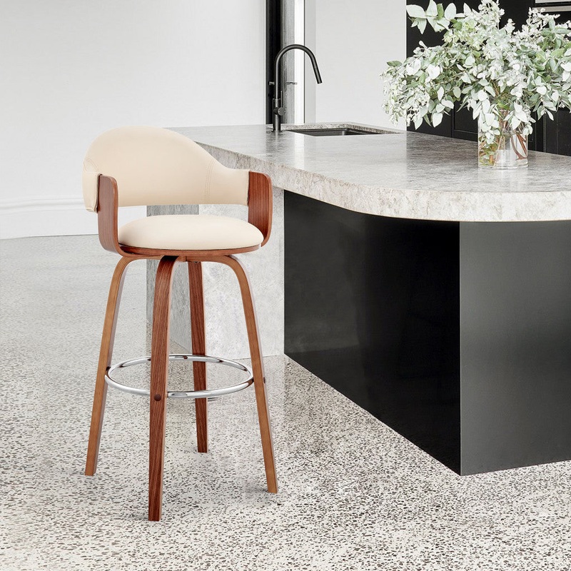 26" Rich Cream Faux Leather Walnut Wood Bar Stool By Homeroots