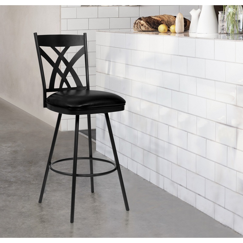 26" Stylish Black Faux Leather Black Metal Lattice Back Swivel Bar Stool By Homeroots