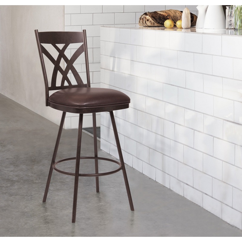 26" Stylish Brown Faux Leather Brown Metal Lattice Back Swivel Bar Stool By Homeroots
