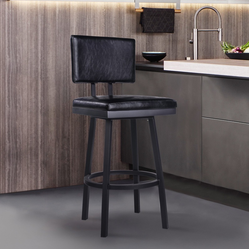 26" Vintage Black on Black Faux Leather Rectangular Swivel Armless Bar Stool By Homeroots
