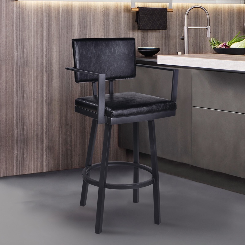 26" Vintage Black on Black Faux Leather Rectangular Swivel Barstool By Homeroots