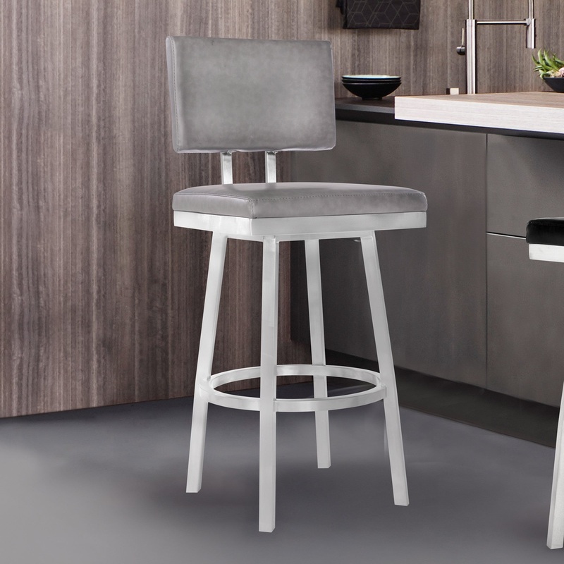 26" Vintage Gray on Stainless Faux Leather Rectangular Swivel Armless Barstool By Homeroots