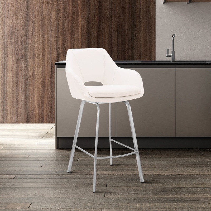 26" White Faux Leather and Stainless Steel Swivel Counter Stool By Homeroots