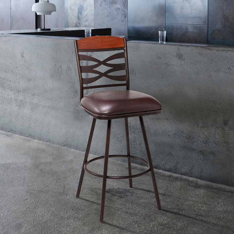 30" Brown Faux Leather Speckled Metal and Maple Wood Bar Stool By Homeroots