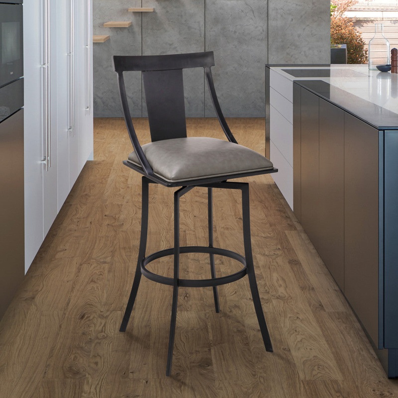 30" Gray Faux Leather and Metal Square Seat Swivel Bar Stool By Homeroots