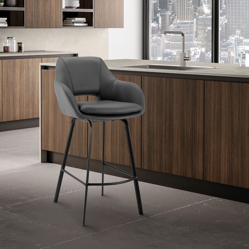 30" Gray on Black Faux Leather Comfy Swivel Bar Stool By Homeroots