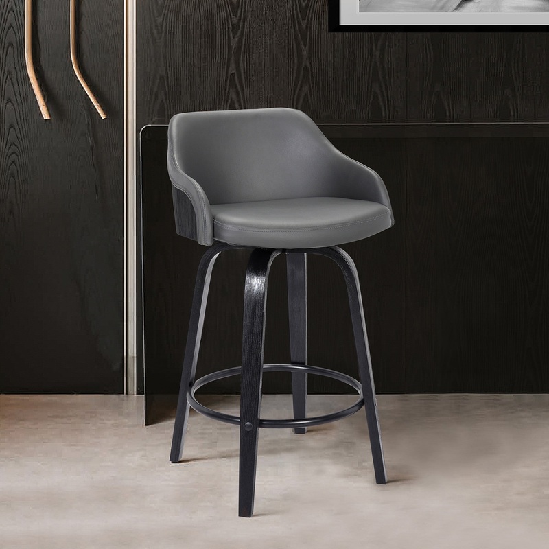 30 Gray Swivel Faux Leather Black Wooden Bar Stool By Homeroots