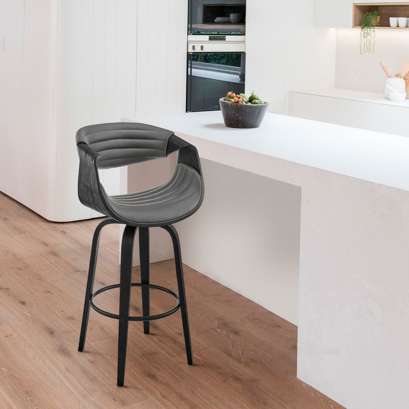 30" Grey Faux Leather and Black Wood Retro Chic Bar Stool By Homeroots